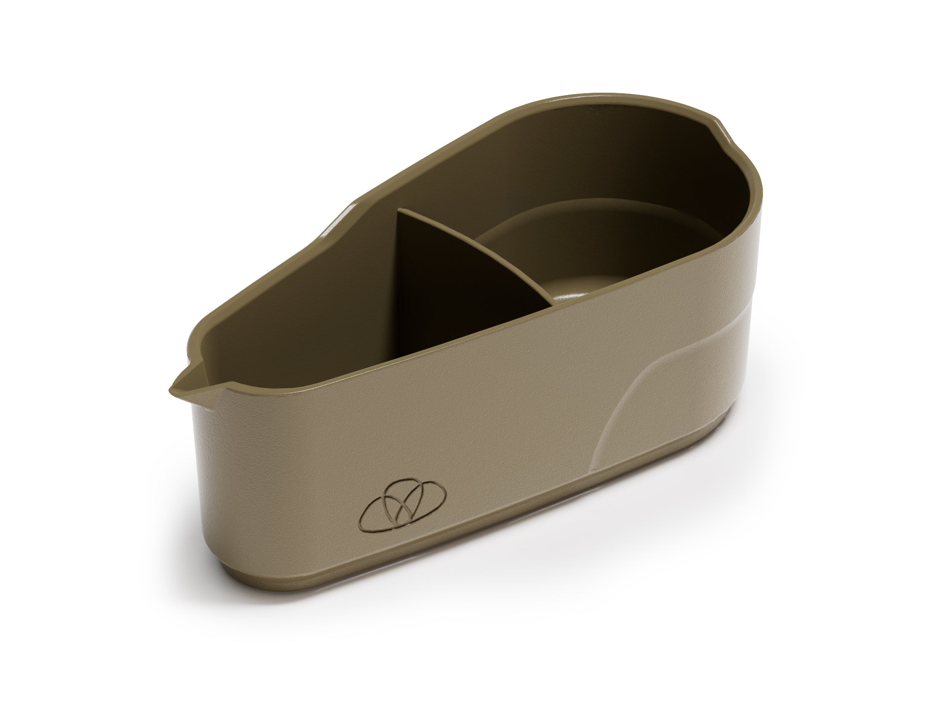 TOWELLO Caddy in Beige mit zwei Fächern zur Aufbewahrung von TOWELLOS und frischem Wasser am Esstisch.